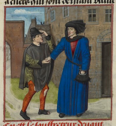 哈雷 4425，f.47v 一个受苦受难的人被他真正的朋友施舍金钱的微型画细节，出自 Roman de la Rose，约 1490-1500 年（牛皮纸）。 作者 法语学校
