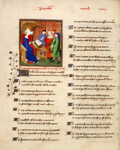 哈雷 4431 卷 II，f.259v 一位妇女在 "Proverbes moraux "开头朗读道德箴言的缩影，选自克里斯蒂娜-德-皮赞（Christine de Pizan）的《王后之书》，约 1410-14 年（牛皮纸上的墨水、彩色和金色）。 作者 French School