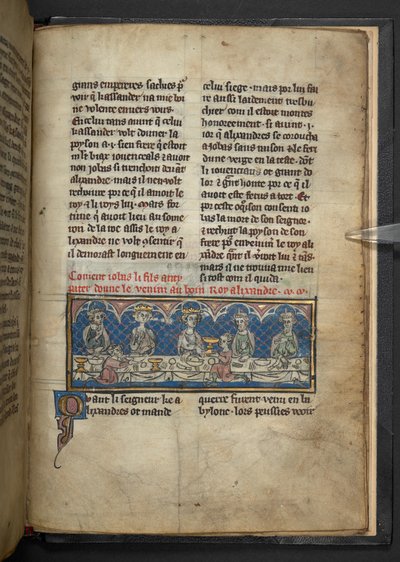 哈雷 4979，f.78 亚历山大在宴会上从约巴斯手中接过毒药。 

选自 "Roman d