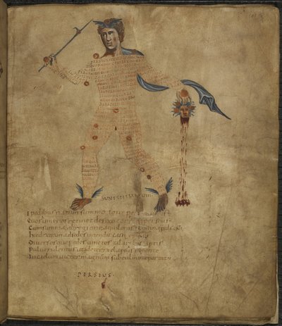 哈雷 647，f.4 希腊神话英雄珀尔修斯与蛇发美杜莎头像的插图，星座图内有文字或注释，出自马库斯-图利乌斯-西塞罗的《阿拉图斯》（牛皮纸）。 作者 法语学校