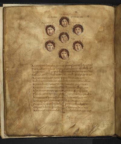 哈雷 647， f.4v，Pliades 七姐妹的面孔插图，她们像星星一样生活在天上，周围刻有她们的名字，出自马库斯-图利乌斯-西塞罗（Marcus Tullius Cicero）的《阿拉图斯》（牛皮纸）。 作者 French School