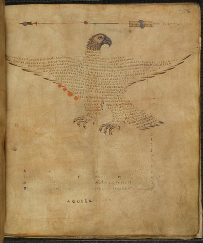 哈雷 647， f.7 马库斯-图利乌斯-西塞罗的 "Aratea，星座图中的希吉努斯天文学摘录 "中的 "鹰鹰座 "插图（纸面墨水和彩色）。 作者 法语学校