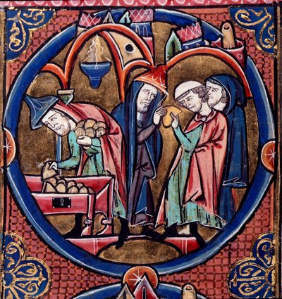 Harley Ms.1526 fol.27 Menelaus 将贡金交给叙利亚国王安提阿哥斯，并用贿赂为自己争取到了大祭司的职位，13 世纪晚期（牛皮纸） 作者 法语学校