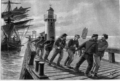 拖船人拖着船，19世纪末。1899年3月26日 "航海杂志 "上的雕刻。 作者 法语学校