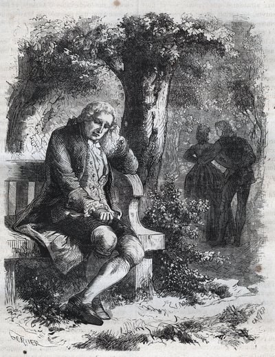 他听到了一个吻的低语"。瑞士哲学家让-雅克（Jean-Jacques）-卢梭（1712-1778）让他的伴侣玛丽-泰蕾兹（Marie Therese）-勒瓦瑟尔（Levasseur）（1721-1801）完全通奸的时候感到惊讶。1871年的雕版画，载于《Histoire Des Cocuses》中 作者 法语学校