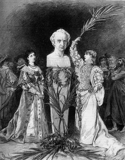 Henriette Rosine Bernard称Sarah Bernhardt（1844-1923）在维克多-雨果（1802-1885）的半身像前朗诵Francois Coppee的 "Hernani之战"，以纪念《Hernani》一剧50周年。巴黎，法兰西喜剧院 作者 法语学校