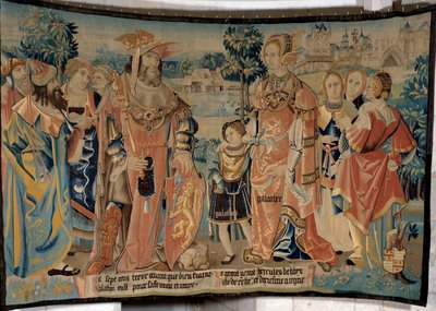 公元前1713年，利比亚的海格力斯与他的妻子加拉提和他的儿子加拉提斯在他们的朝臣的簇拥下在阿莱西亚城前。阿拉斯工作室制作的 "高卢人的神话历史 "挂毯。1530年 博韦，省博物馆 作者 法语学校