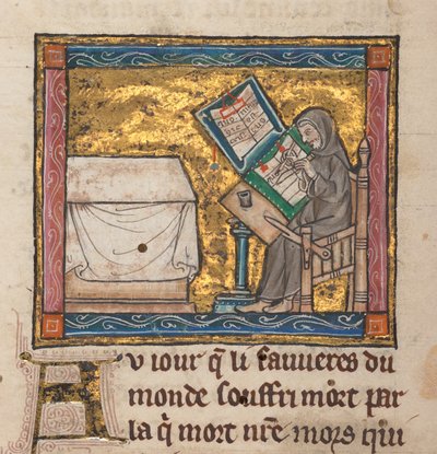 隐士在书桌前书写，微型画《Estoire del Saint Graal，La Queste del Saint Graal，Morte Artu》，c.1315-25（羊皮纸上的墨水） 作者 法语学校