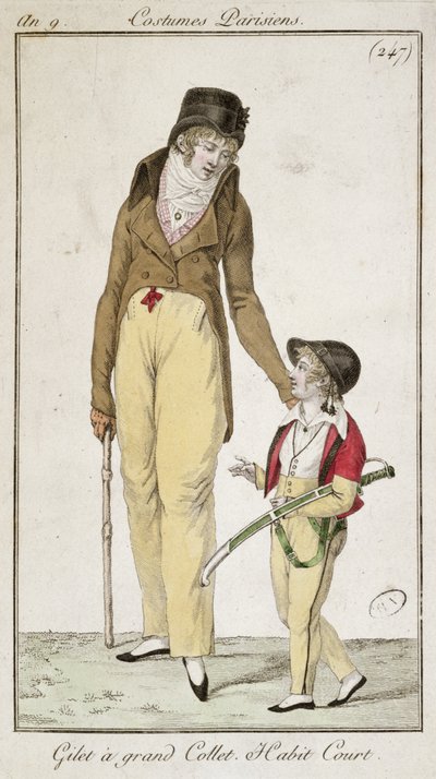 高领背心和短晨衣，来自Costumes Parisiens，1801 作者 法语学校