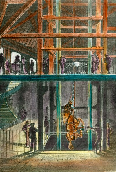 1865 年，克雷索矿井中的马下山。19 世纪版画。私人收藏。 作者 法语学校