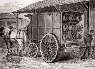 Horse drawn vehicle used to transport compressed gas in portable containers in the 19th century, from Les Merveilles de la Science, published c.1870 (engraving) 作者 法语学校
