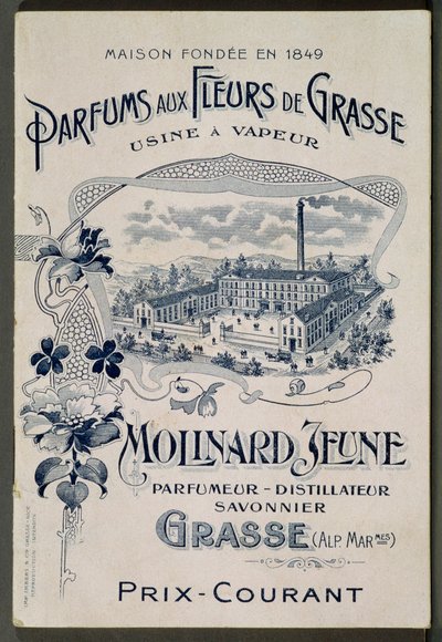成立于 1849 年的品牌 - Fragrances aux Fleurs de Grasse - 蒸汽设备：Molinard Jeune - 展示 Molinard 工厂的广告牌 - 雕刻，二十世纪初 作者 法语学校