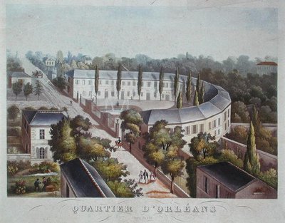 奥尔良区的住房项目（已完成），哈勒街，约1840-50（彩色平版印刷）。 作者 法语学校