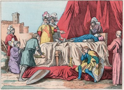百年战争："La mort de Bernard du Guesclin (1320-1380) devant Chateauneuf de Randon le 13/07/1380"--Duguesclin之死(1380年7月13日围攻Chateauneuf-de-Randon期间)--19世纪末《Nos Gires》中的雕刻。 作者 法语学校