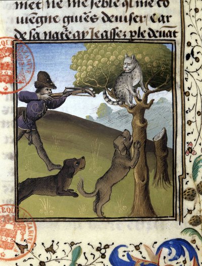 猞猁的狩猎场景--载于 "Foix伯爵、Béarn领主Gaston Phoebus的狩猎书" 作者 法语学校