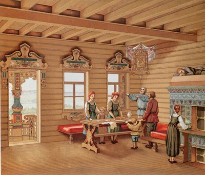 俄罗斯izba的理想化内饰，c.1880（彩色雕刻） 作者 法语学校