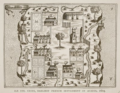 Ile Ste。 Croix，1604年阿卡迪亚最早的法国殖民地，来自Voyages by Samuel de Champlain（c.1580-1635），1613 作者 法语学校