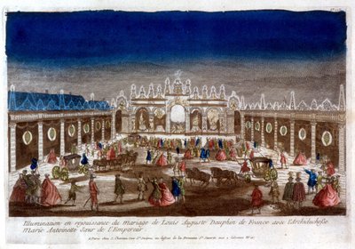 庆祝法国海豚路易·奥古斯特 (Louis XVI) 与皇帝的妹妹玛丽·安托瓦内特大公结婚的照明 - 雕刻 作者 法语学校