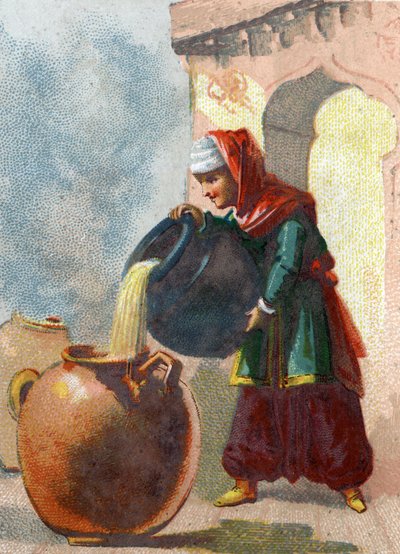 Illustration for the Tales of the Thousand and One Nights. Morgiane, a slave of Ali Baba (Ali Baba), realizing that the vases contained thieves, took away their lives by pouring boiling oil into each vessel. Chromolithography around 1890. 作者 法语学校