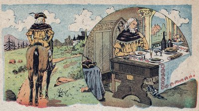 故事《美女与贝特》的插图：商人在树林里迷失了自己--在他进入一个餐厅之后。奎恩意象的雕刻，大约在1890年。 作者 法语学校