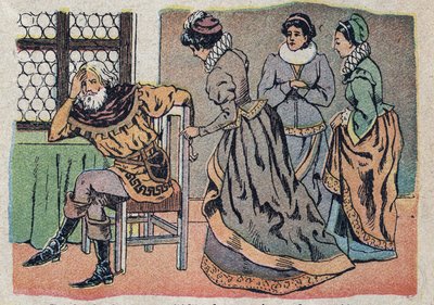 故事《美女与贝特》的插图：商人在痛苦中迷失。奎恩意象的雕刻，约1890年。 作者 法语学校