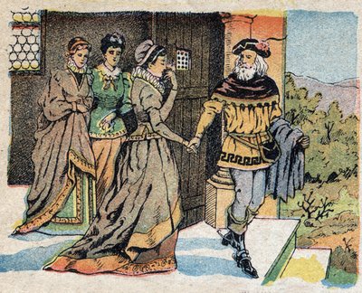 故事“La Belle et la Bete”的插图：出差的商人告别了他的三个女儿，并承诺在他回来时给她们一份礼物。 奎因图像的雕刻，大约 1890 年。 作者 法语学校