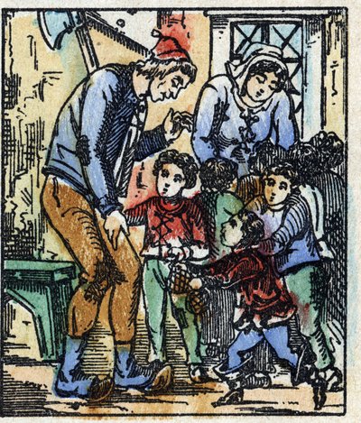 查尔斯-佩罗的 "Le petit poucet "故事的插图。木刻版画的图像Pellerin - Epinal, sd.19世纪晚期。 作者 法语学校