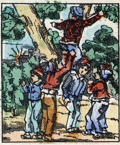 查尔斯-佩罗的 "Le petit poucet "故事的插图。木刻版画的图像Pellerin - Epinal, sd.19世纪晚期。 作者 法语学校