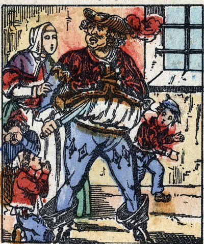 查尔斯-佩罗的 "Le petit poucet "故事的插图。木刻版画的图像Pellerin - Epinal, sd.19世纪晚期。 作者 法语学校