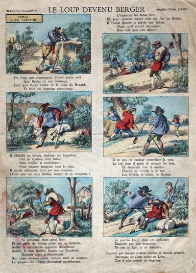Jean de la Fontaine（1621-1695）的寓言插图：狼变成了牧羊人。19世纪末的埃皮纳尔成像。 作者 法语学校