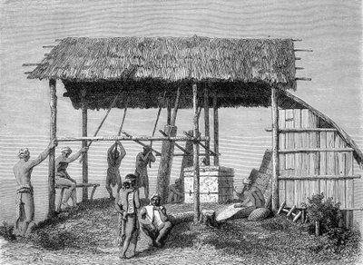 发表在1862年版《世界之旅》中的插图，描绘了婆罗洲岛上Dayaks的一个铁匠。雕刻。 作者 法语学校