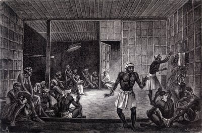 发表在1862年版《世界之旅》中的插图，描绘了婆罗洲岛上的达亚克人所进行的驱魔仪式。雕刻。 作者 法语学校