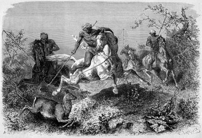 1870 年至 1871 年在“Le Tour du monde”版中发表的插图描绘了婆罗洲岛上的一次狩猎。 雕刻。 作者 法语学校