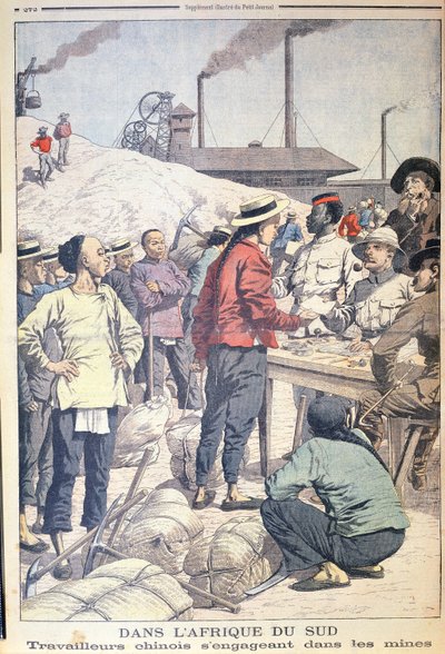 导致中国劳工于1904年在南非的金矿工作，来自Le Petit Journal，1904年的插图 作者 French School