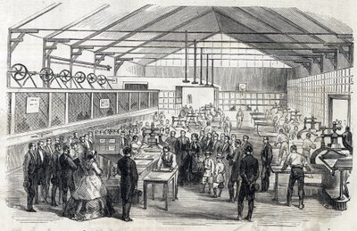 欧也妮和皇太子访问法兰西银行，1866年6月23日--印制钞票--雕刻在Le MONDE Illustrous DU 07/07/1866上 作者 法语学校