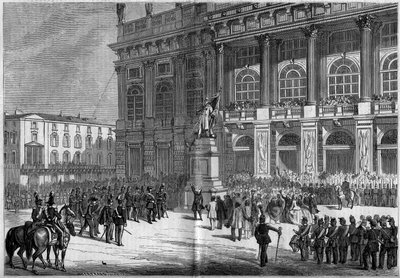 1859年4月10日，文森佐-维拉（1820-1891）在都灵（意大利）的城堡广场为撒丁岛的纪念碑举行落成典礼。雕像后面是 "玛达玛宫"。根据费里先生的草图绘制。18年4月23日《世界画报》第106期上的版画 作者 法语学校