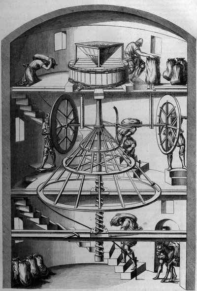 16世纪磨坊的内景；Androue du Cerceau在 "Le Magasin picturesque "中的版画。 作者 法语学校