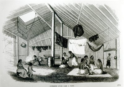 在1848年的尤金·德莱塞特（Eugene Delessert）的“两个海洋中的旅行”中，一个塔希坦小屋（Tahitan Hut）内部 作者 法语学校