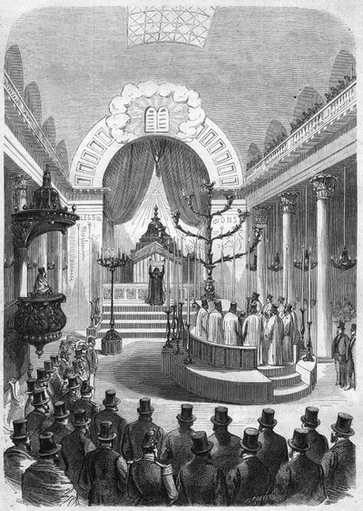 1864年波尔多征兵的首席拉比在该市的犹太教堂里的就职典礼。根据Duffet先生的草图雕刻。 作者 法语学校