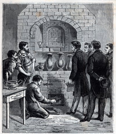 法国科学家Alexandre Brongniart (1770 - 1847)在塞夫勒制造的高温计的安装 - Alexis Clerc的 "Sciences mises à la gratete de tous - physics et chimie populaires "中的版画 - 19世纪末。私人收藏。 作者 法语学校
