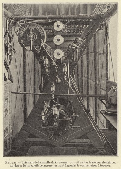 Interieur de la nacelle de La France: on voit en bas le moteur electrique, au-dessus les appareils de mesure, en haut a gauche le commutateur a touches (engraving) 作者 法语学校