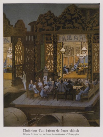 花船内景，中国游船（彩色石版画） 作者 法语学校
