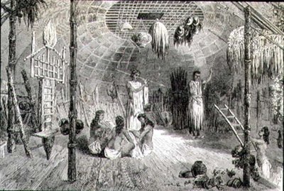 19世纪60年代的印第安人小屋的内部（雕刻）。 作者 法语学校