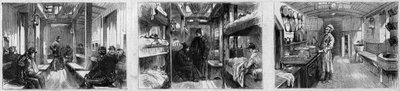 法国军事安全协会医疗列车的救护车和厨房车的内视图。1873年6月28日《世界画报》第846期上的版画。 作者 法语学校