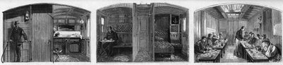 法国军医协会医疗列车的医疗车和食堂车的内视图。1873年6月28日《世界画报》第846期上的版画。 作者 法语学校