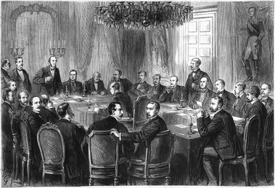 国际战争大会，布鲁塞尔，1874年7月至8月：来自15个欧洲国家的代表开会讨论《国际战争法和惯例宣言》草案。9月5日《世界画报》第908期上的版画 作者 法语学校