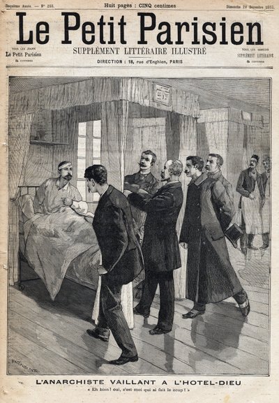 对无政府主义者奥古斯特-瓦扬（1861-1894）在Dieu酒店的审讯，其中承认了他在12月9日实施的攻击。 作者 French School