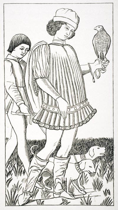 意大利贵族持有一只鹰，在铜牌上刻有一张扑克牌，c.1460，来自&39;Le Moyen Age et La Renaissance&39;，由Paul Lacroix（1806-84）出版，1847年出版 作者 法语学校