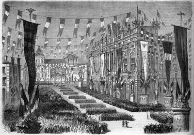 意大利统一，都灵，1860年4月2日：在意大利议会开幕之际对城堡广场（Piazza Castello）的装饰。1860年4月14日《世界画报》第157期上的版画。 作者 法语学校