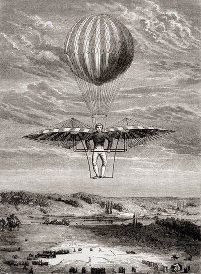 雅各布-德根 1808 年设计的带有襟翼阀的鸟式飞行器，飞行员站在一个刚性框架上，用一根可移动的水平杆操纵机翼，选自《Les Merveilles de la Science》，约 1870 年出版（石版）。 作者 法语学校